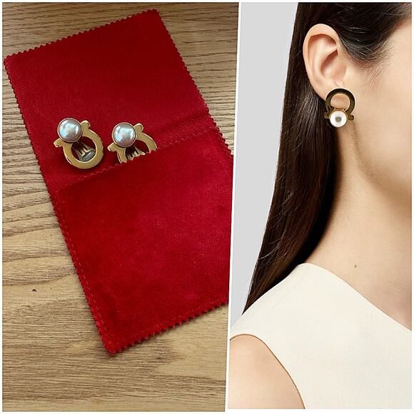FERRAGAMO Gancio Clip-On Pearl Gold Earrings Timeless Classic Chic - Picture 1 of 7